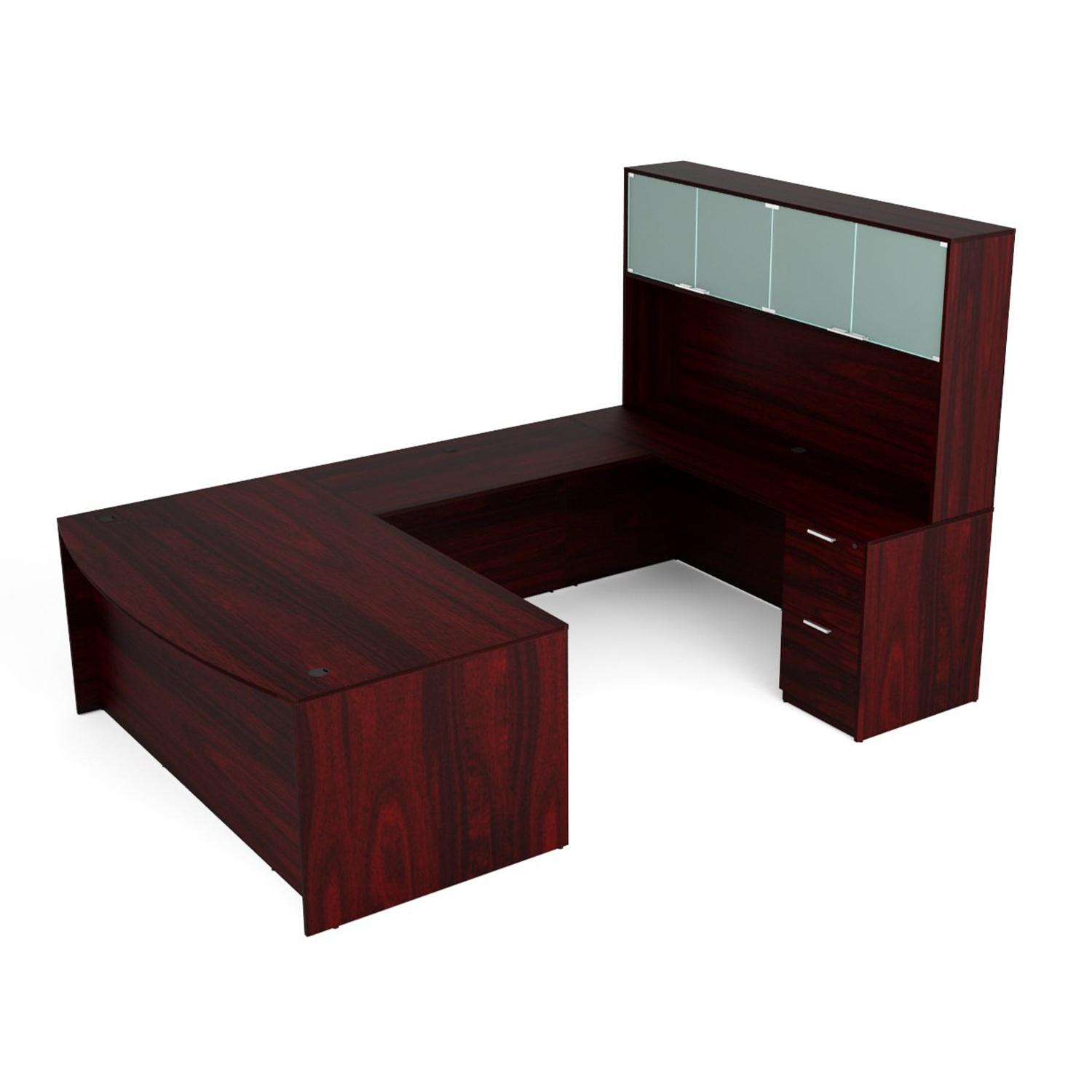 Kai Mahogany Bow Front U-Shaped Desk with File/File Ped & Glass Door Hutch