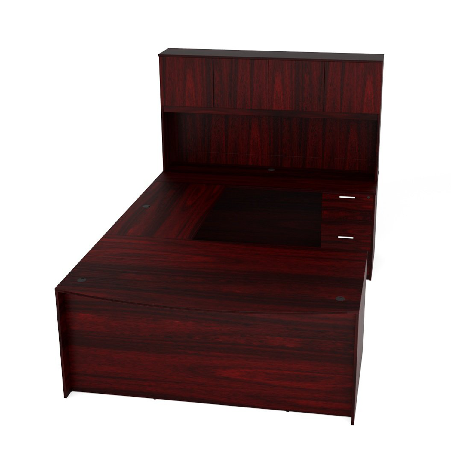 Kai Mahogany Bow Front U-Shaped Desk with File/File Ped & Wood Door Hutch