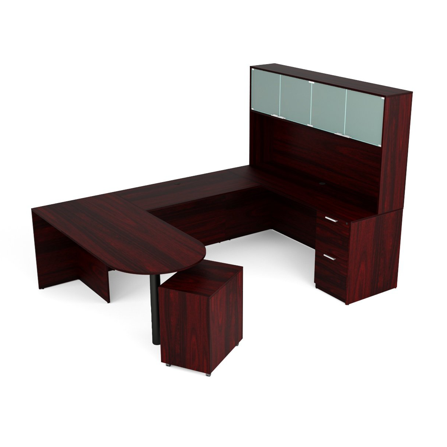 Kai Mahogany U-Shaped D-Top Desk with File/File Ped & Glass Door Hutch