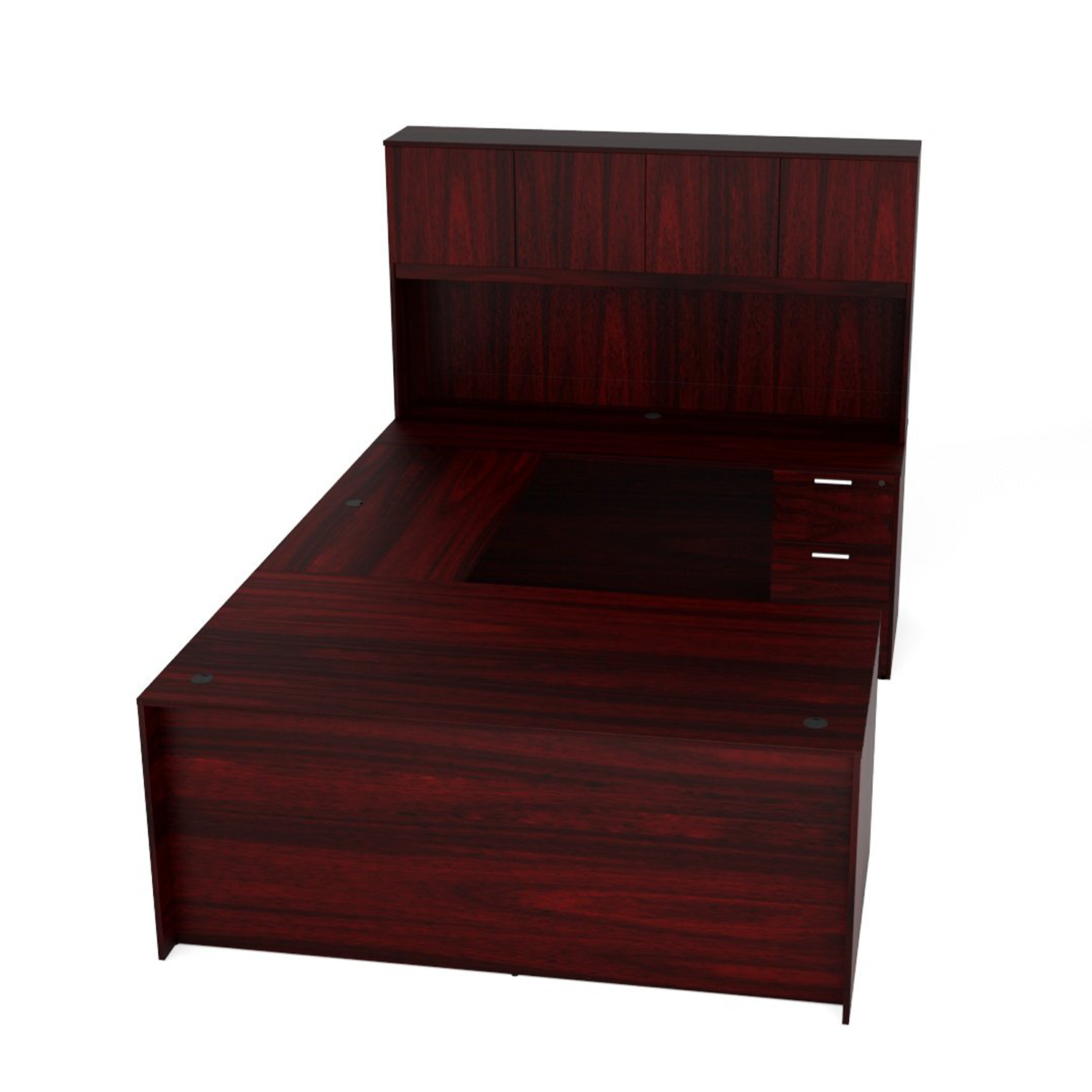 Kai Mahogany U-Shaped Desk with File/File Ped & Wood Door Hutch