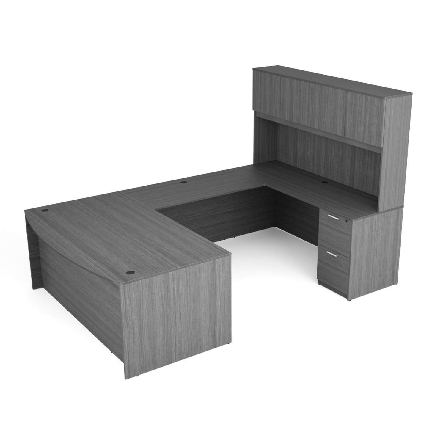 Kai Samoa Gray Bow Front U-Shaped Desk with File/File Ped & Wood Door Hutch