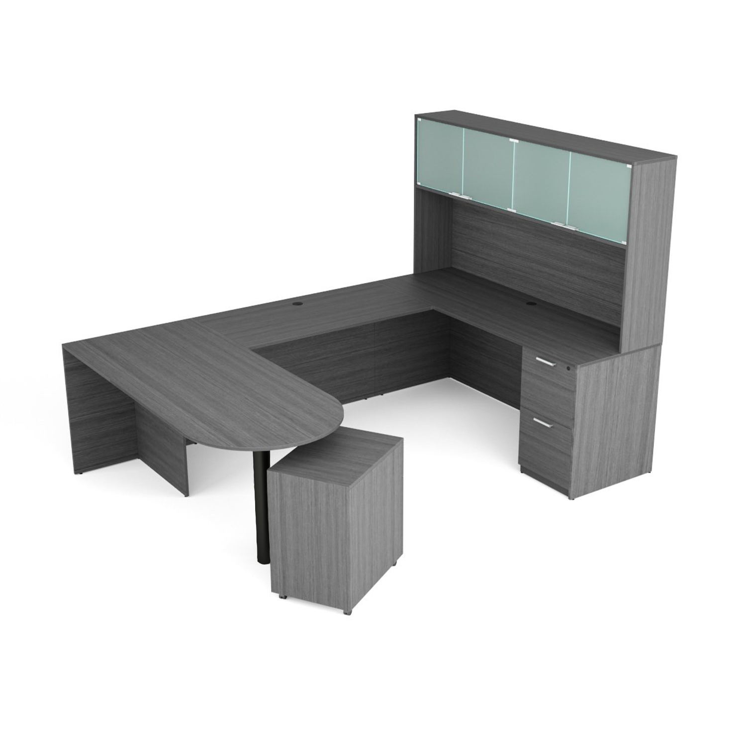 Kai Samoa Gray U-Shaped D-Top Desk with File/File Ped & Glass Door Hutch
