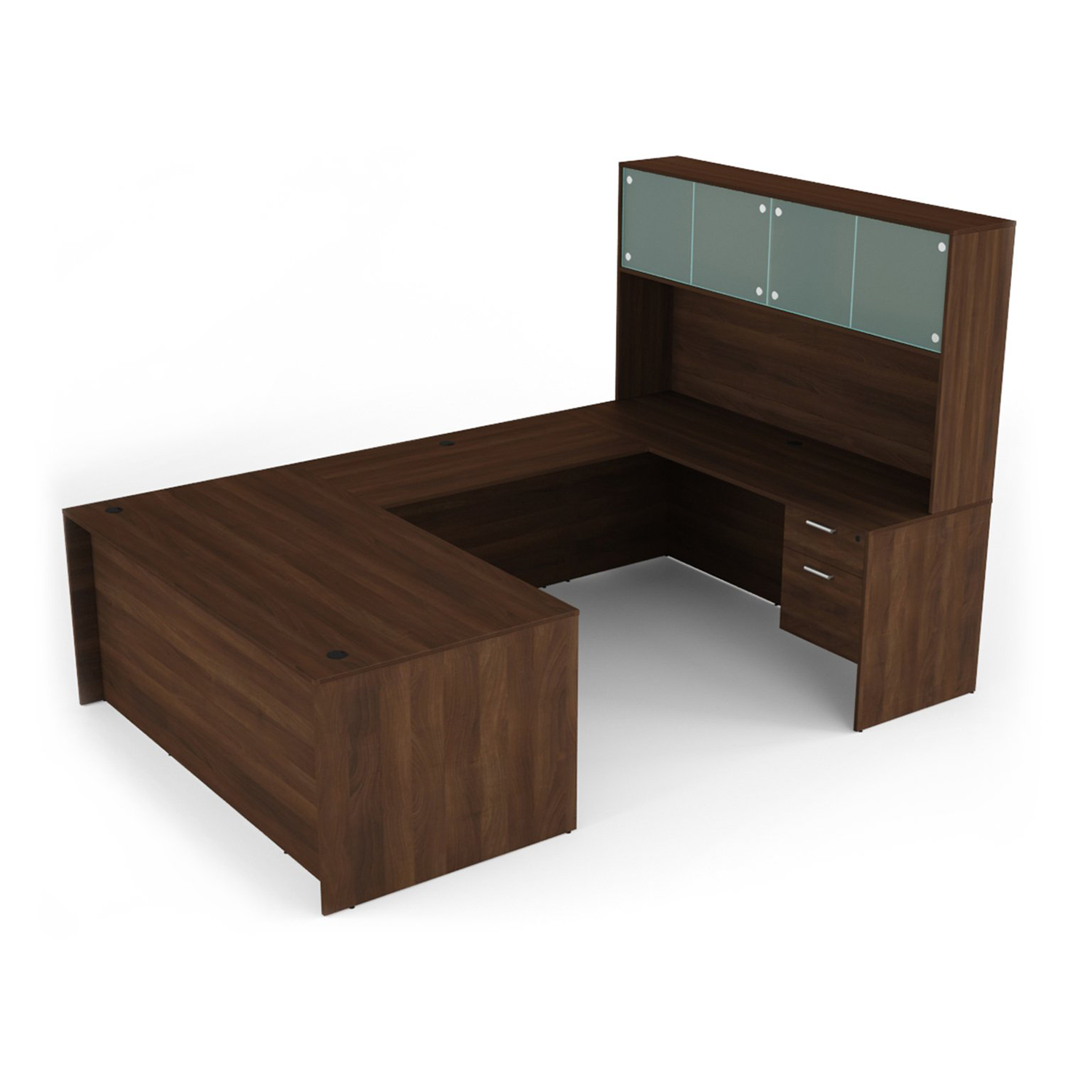 Kai Walnut U-Shaped Desk with Suspended Ped & Glass Door Hutch