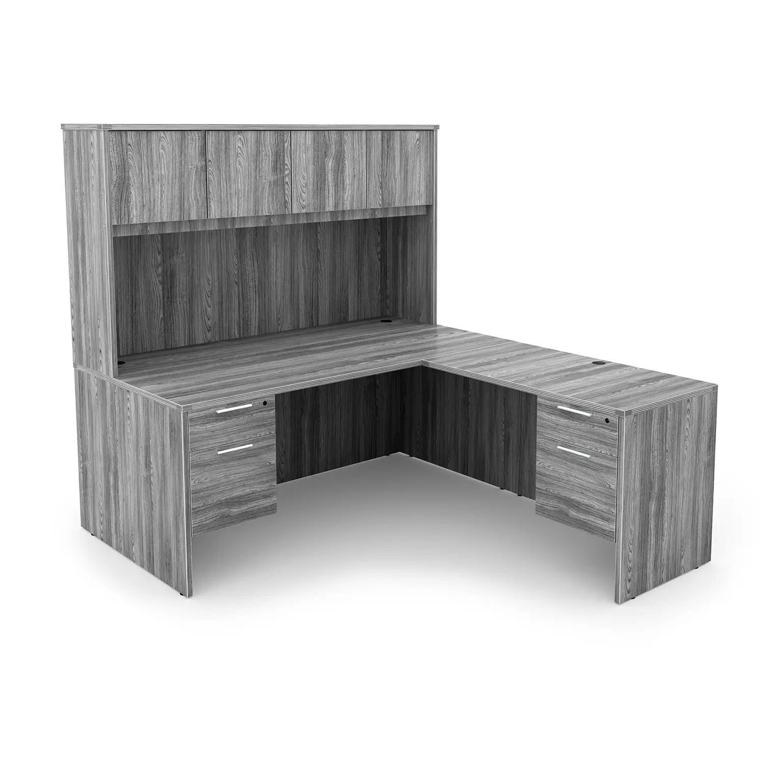 Kai L-Shaped Desk with Double Suspended Pedestals and Hutch with 4 Wood Doors, 66" x 72"