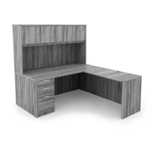 Kai L-Shaped Desk with Single Full Pedestal and Hutch with 4 Wood Doors, 60" x 72"