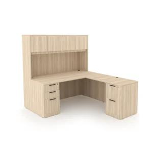 Rayne L-Shaped Desk with Double Full Pedestals and Hutch with 4 Wood Doors, 66" x 72"
