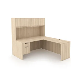 Rayne L-Shaped Desk with Single Suspended Pedestal and Hutch with 4 Wood Doors, 60" x 72"